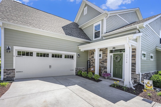 view of front of home featuring stone siding, driveway, roof with shingles, and covered porch