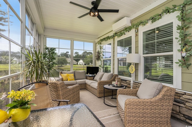 sunroom / solarium with an AC wall unit, ceiling fan, and outdoor lounge area