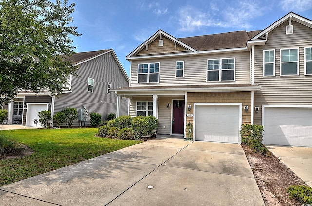 view of front facade with a front lawn, an attached garage, driveway, and roof with shingles