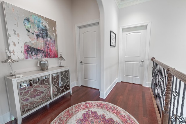 616 Edgecreek Dr, Myrtle Beach, SC 29579 - hallway with wood finished floors, arched walkways, crown molding, and baseboards