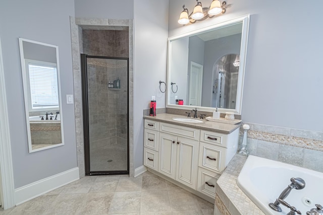 616 Edgecreek Dr, Myrtle Beach, SC 29579 - full bathroom with a stall shower, vanity, a bath, and a chandelier