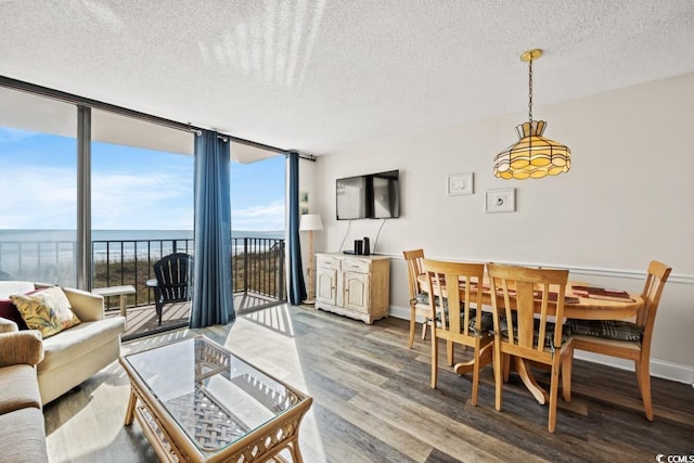 1501 Ocean Blvd S Unit 103, North Myrtle Beach, SC 29582 - living room with a textured ceiling, a water view, wood finished floors, floor to ceiling windows, and baseboards