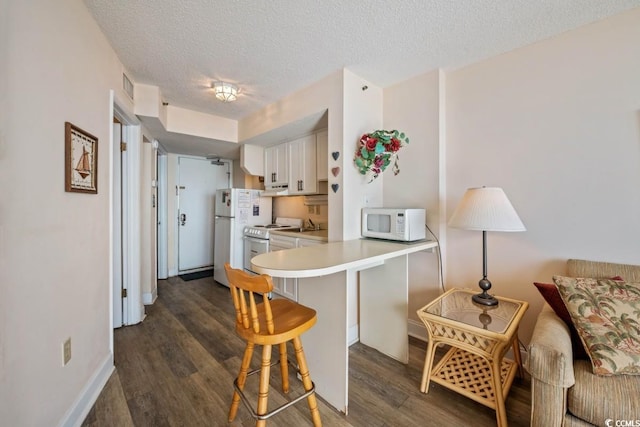 1501 Ocean Blvd S Unit 103, North Myrtle Beach, SC 29582 - kitchen with white appliances, a textured ceiling, dark wood finished floors, light countertops, and white cabinets
