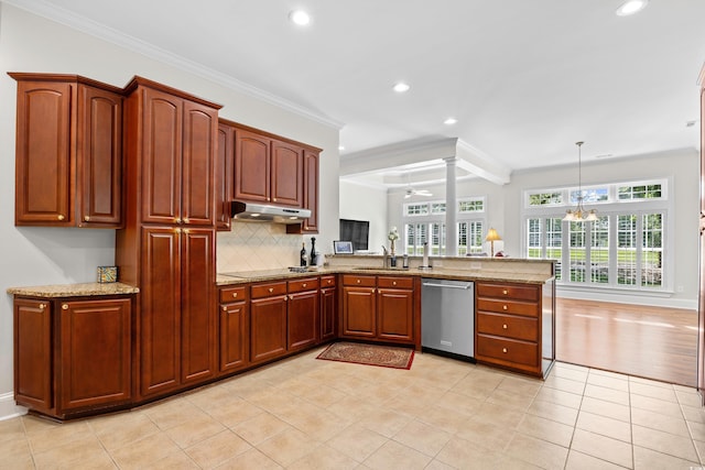 423 Chapman Loop, Pawleys Island, SC 29585 - kitchen featuring stainless steel dishwasher, a sink, recessed lighting, a peninsula, and a chandelier