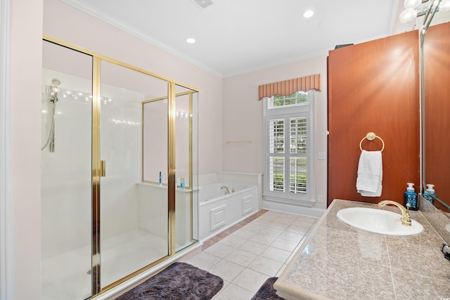 423 Chapman Loop, Pawleys Island, SC 29585 - bathroom with tile patterned floors, ornamental molding, a stall shower, a bath, and recessed lighting