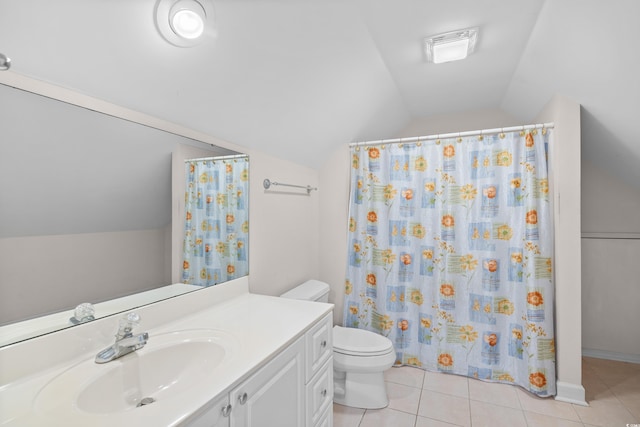 423 Chapman Loop, Pawleys Island, SC 29585 - bathroom with vaulted ceiling, tile patterned floors, toilet, vanity, and a shower with curtain
