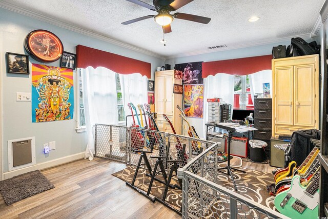 1205 King St, Myrtle Beach, SC 29577 - bedroom with ornamental molding, wood finished floors, a textured ceiling, multiple windows, and baseboards