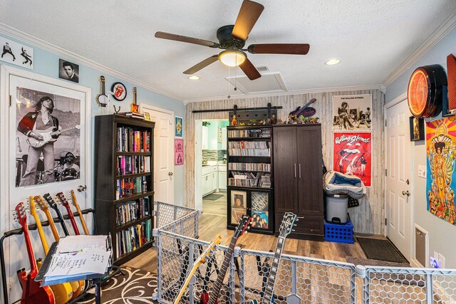 1205 King St, Myrtle Beach, SC 29577 - office featuring ceiling fan, wood finished floors, ornamental molding, a textured ceiling, and recessed lighting