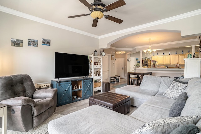 2180 Waterview Dr Unit 725, North Myrtle Beach, SC 29582 - living area with arched walkways, a ceiling fan, light wood-type flooring, a chandelier, and ornamental molding