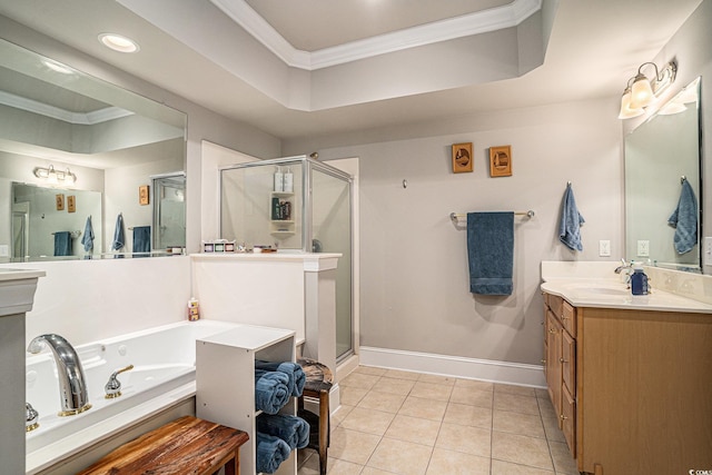 2180 Waterview Dr Unit 725, North Myrtle Beach, SC 29582 - full bathroom featuring a stall shower, vanity, crown molding, a tub with jets, and tile patterned floors