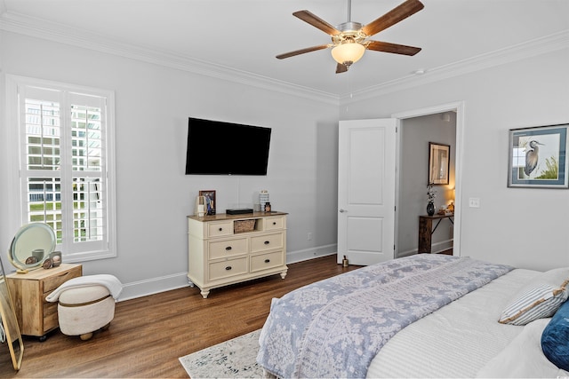 1106 Tarpon Pond Rd, North Myrtle Beach, SC 29582 - bedroom with crown molding, dark wood-style floors, multiple windows, baseboards, and a ceiling fan