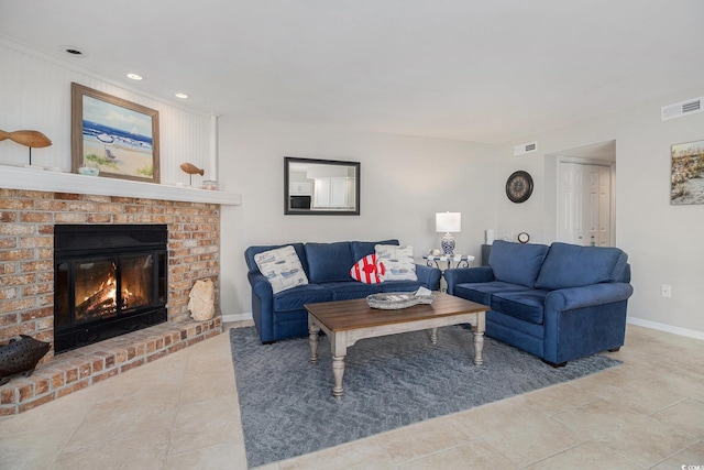 1801 N Ocean Blvd Unit Q-2, North Myrtle Beach, SC 29582 - living area with baseboards, a brick fireplace, and recessed lighting