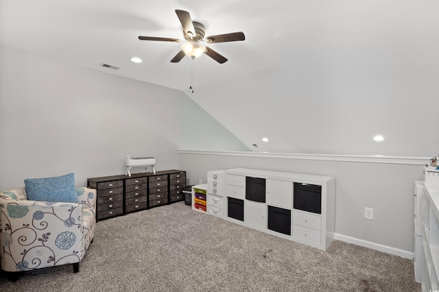 115 Machrie Loop Unit D, Myrtle Beach, SC 29588 - living area with a ceiling fan, carpet flooring, vaulted ceiling, and recessed lighting