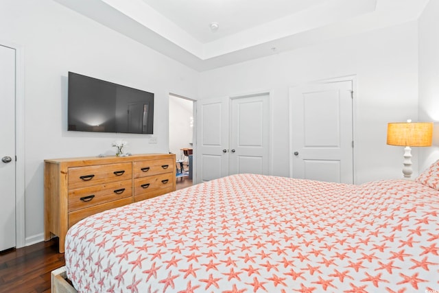 6253 Catalina Dr Unit 733, North Myrtle Beach, SC 29582 - bedroom featuring dark wood-type flooring and a raised ceiling