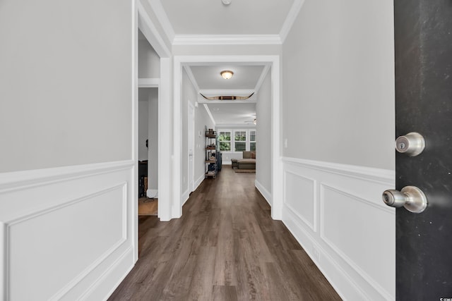 340 Scottsdale Ct, Murrells Inlet, SC 29576 - corridor featuring crown molding, dark wood finished floors, wainscoting, and a decorative wall