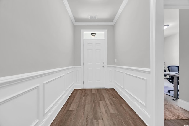 340 Scottsdale Ct, Murrells Inlet, SC 29576 - doorway to outside with crown molding, dark wood-style floors, wainscoting, a desk, and a decorative wall