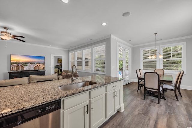 340 Scottsdale Ct, Murrells Inlet, SC 29576 - kitchen with a sink, stainless steel dishwasher, dark wood-style flooring, stone countertops, and white cabinets
