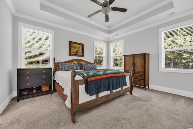 340 Scottsdale Ct, Murrells Inlet, SC 29576 - bedroom featuring a raised ceiling, light carpet, crown molding, baseboards, and ceiling fan