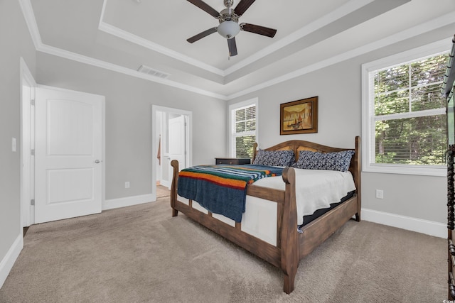 340 Scottsdale Ct, Murrells Inlet, SC 29576 - carpeted bedroom featuring a raised ceiling, baseboards, ornamental molding, and a ceiling fan