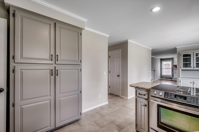 3334 Cedar Creek Run, Little River, SC 29566 - kitchen with stainless steel electric stove, baseboards, ornamental molding, gray cabinets, and recessed lighting