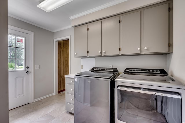 3334 Cedar Creek Run, Little River, SC 29566 - laundry room featuring washing machine and dryer, cabinet space, ornamental molding, and baseboards