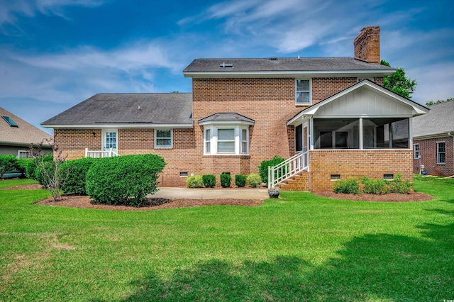 3334 Cedar Creek Run, Little River, SC 29566 - back of house featuring brick siding, a sunroom, a chimney, a yard, and crawl space