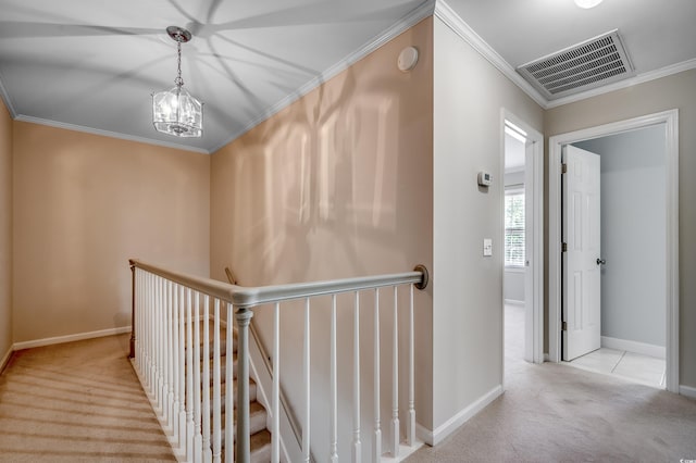 3334 Cedar Creek Run, Little River, SC 29566 - hallway featuring carpet, ornamental molding, baseboards, a chandelier, and an upstairs landing