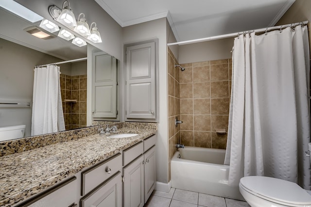 3334 Cedar Creek Run, Little River, SC 29566 - bathroom with toilet, vanity, shower / bath combination with curtain, tile patterned floors, and crown molding