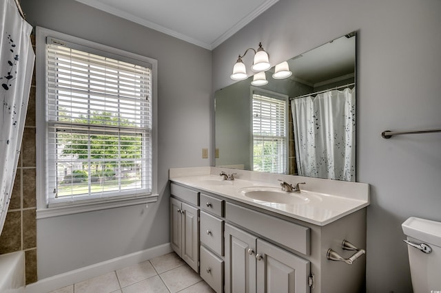 3334 Cedar Creek Run, Little River, SC 29566 - bathroom featuring healthy amount of natural light, tile patterned floors, double vanity, ornamental molding, and a shower with curtain