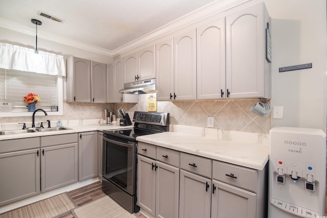 2510 Redwood St, Georgetown, SC 29440 - kitchen with stainless steel range with electric stovetop, a sink, under cabinet range hood, gray cabinetry, and decorative backsplash
