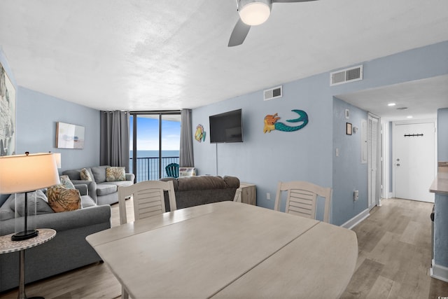 9550 Shore Dr Unit 529, Myrtle Beach, SC 29572 - dining area with light wood-style flooring, ceiling fan, a wall of windows, and baseboards
