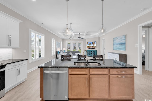 8469 Cape Dutch Loop, Myrtle Beach, SC 29572 - kitchen with appliances with stainless steel finishes, a sink, light wood-style floors, coffered ceiling, and an island with sink