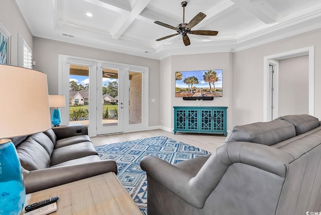 8469 Cape Dutch Loop, Myrtle Beach, SC 29572 - living area with coffered ceiling, a ceiling fan, wood finished floors, beamed ceiling, and crown molding