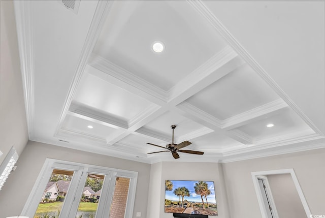8469 Cape Dutch Loop, Myrtle Beach, SC 29572 - detailed view of coffered ceiling, beam ceiling, ceiling fan, recessed lighting, and french doors