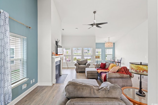 720 Little Fawn Way, Myrtle Beach, SC 29579 - living room with wood finished floors, healthy amount of natural light, a ceiling fan, and a glass covered fireplace