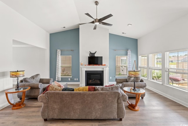 720 Little Fawn Way, Myrtle Beach, SC 29579 - living room featuring high vaulted ceiling, a glass covered fireplace, ceiling fan, wood finished floors, and baseboards