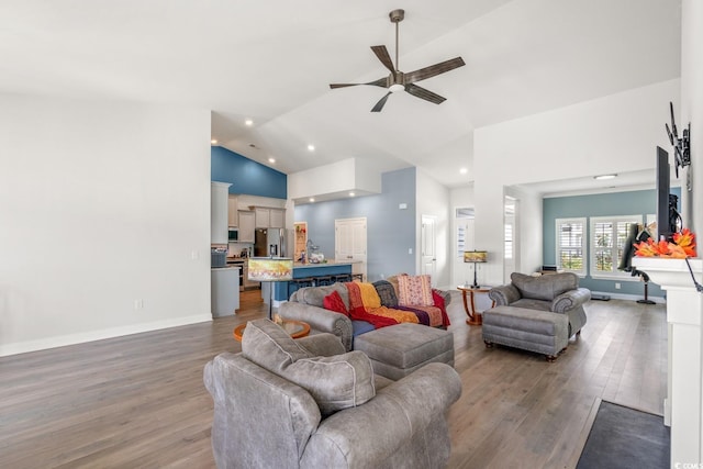 720 Little Fawn Way, Myrtle Beach, SC 29579 - living room with wood finished floors, a ceiling fan, high vaulted ceiling, baseboards, and recessed lighting
