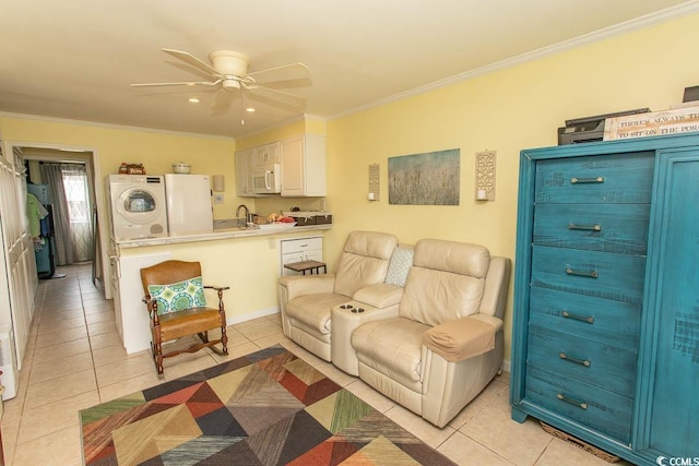 4516 Seaview St Unit 137, North Myrtle Beach, SC 29582 - living area featuring light tile patterned flooring, ornamental molding, a ceiling fan, and recessed lighting