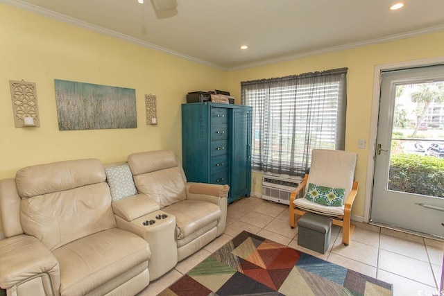 4516 Seaview St Unit 137, North Myrtle Beach, SC 29582 - living room with light tile patterned floors, ornamental molding, a ceiling fan, and recessed lighting