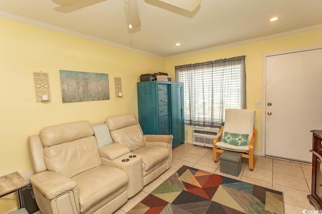 4516 Seaview St Unit 137, North Myrtle Beach, SC 29582 - living room with crown molding, light tile patterned floors, ceiling fan, and recessed lighting