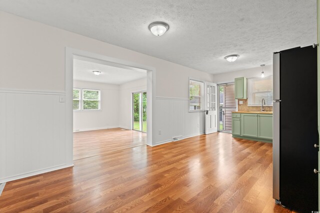 203 Longwood Ln, Conway, SC 29527 - unfurnished living room with light wood finished floors, a wainscoted wall, a textured ceiling, a sink, and baseboards