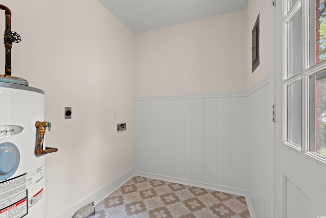 203 Longwood Ln, Conway, SC 29527 - washroom with water heater, electric dryer hookup, baseboards, and a wainscoted wall