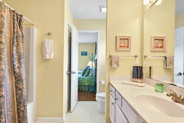 6 Indigo Ct, Ocean Isle Beach, NC 28469 - full bathroom with toilet, vanity, tile patterned flooring, shower / bath combo with shower curtain, and baseboards