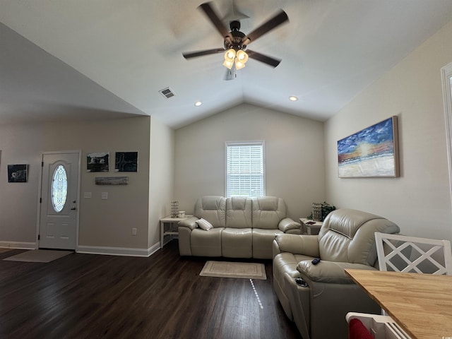 304 S Magnolia Ave, Andrews, SC 29510 - living room featuring ceiling fan, dark wood-style flooring, lofted ceiling, healthy amount of natural light, and baseboards