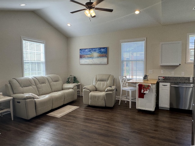 304 S Magnolia Ave, Andrews, SC 29510 - living area featuring lofted ceiling, plenty of natural light, a ceiling fan, dark wood-style floors, and recessed lighting