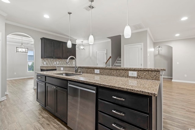 148 Long Leaf Pine Dr, Conway, SC 29526 - kitchen featuring dishwasher, a sink, arched walkways, light wood-type flooring, and ornamental molding