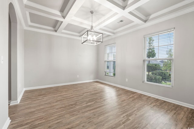 148 Long Leaf Pine Dr, Conway, SC 29526 - empty room featuring wood finished floors, coffered ceiling, beamed ceiling, a chandelier, and baseboards