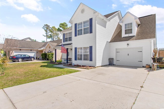 104 Clovis Cir, Myrtle Beach, SC 29579 - traditional-style home with driveway, a front lawn, an attached garage, and roof with shingles