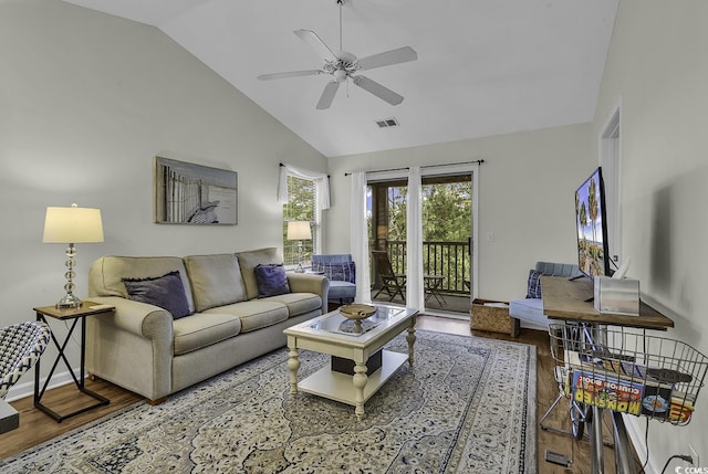 598 Blue Stem Dr Unit 52E, Pawleys Island, SC 29585 - living area with wood finished floors, a ceiling fan, high vaulted ceiling, and baseboards