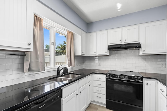 502 Garden Dr, Surfside Beach, SC 29575 - kitchen with black appliances, a sink, under cabinet range hood, and white cabinetry